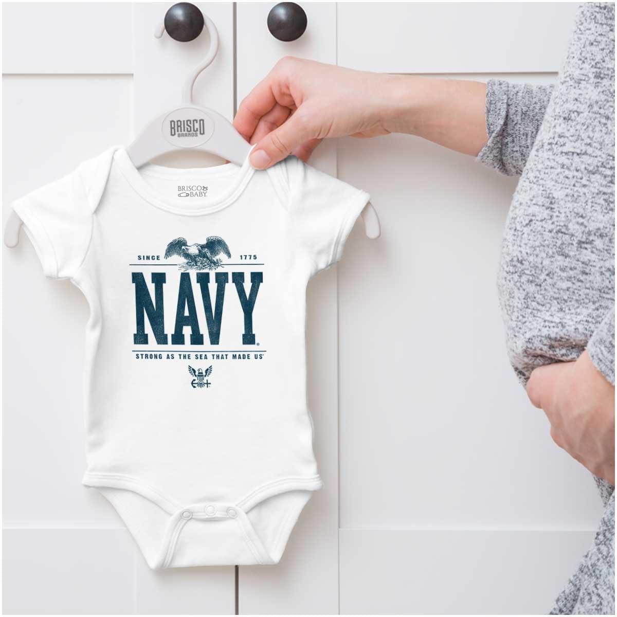 imageBrisco Brands US Navy Strong As Sea That Made Us Baby Romper Boys or GirlsWhite