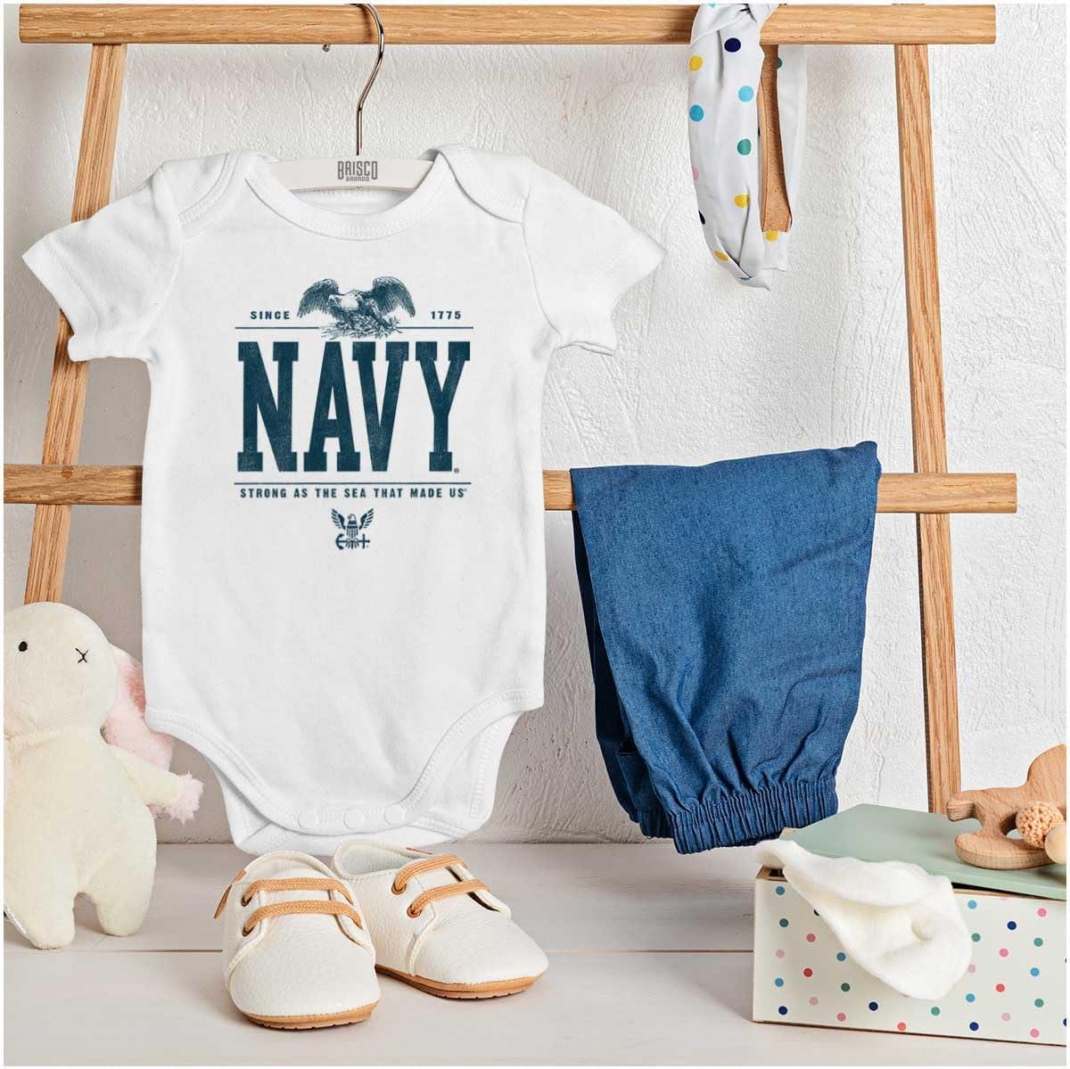 imageBrisco Brands US Navy Strong As Sea That Made Us Baby Romper Boys or GirlsWhite