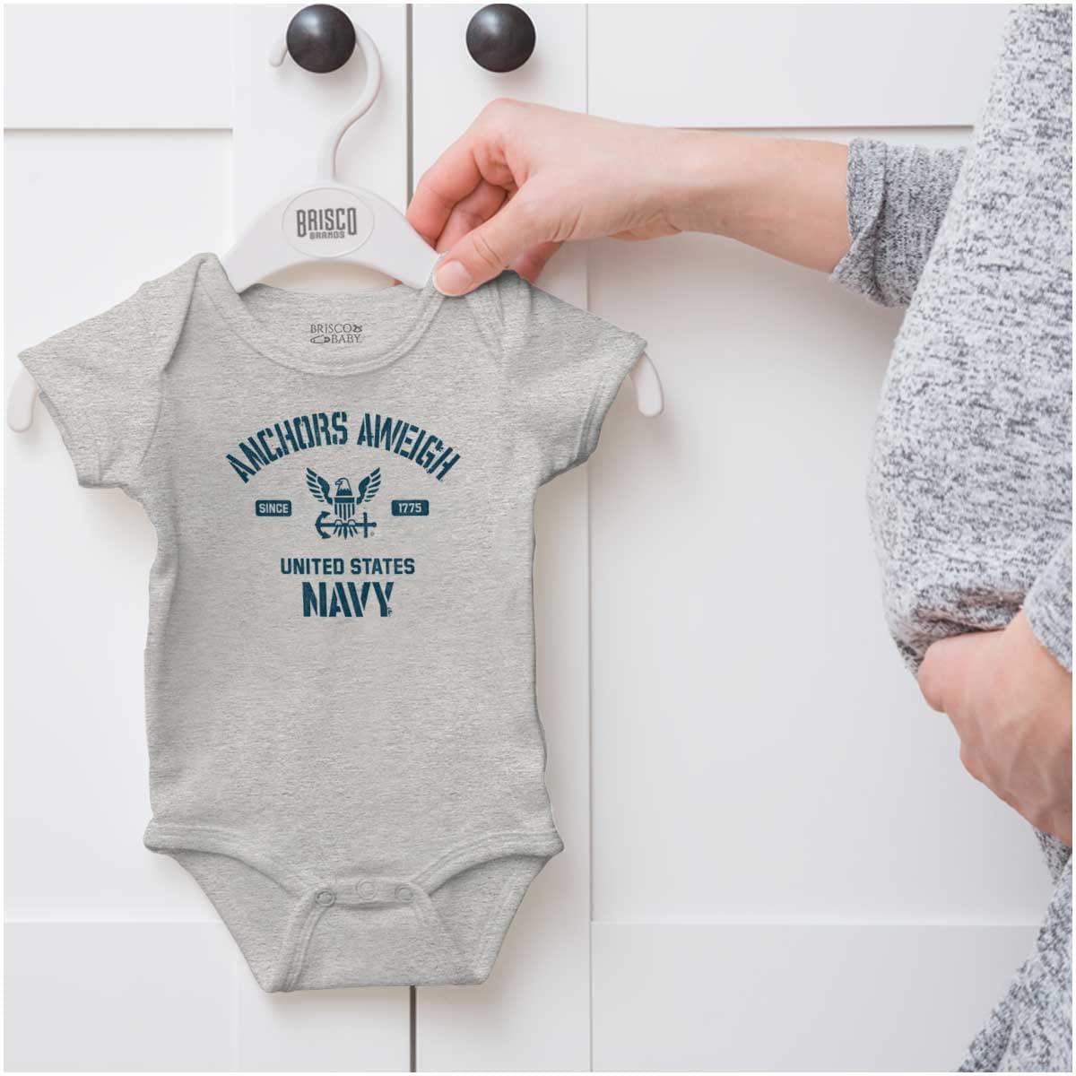 imageBrisco Brands United States Navy Logo Anchor Aweigh Baby Romper Boys or GirlsHeather