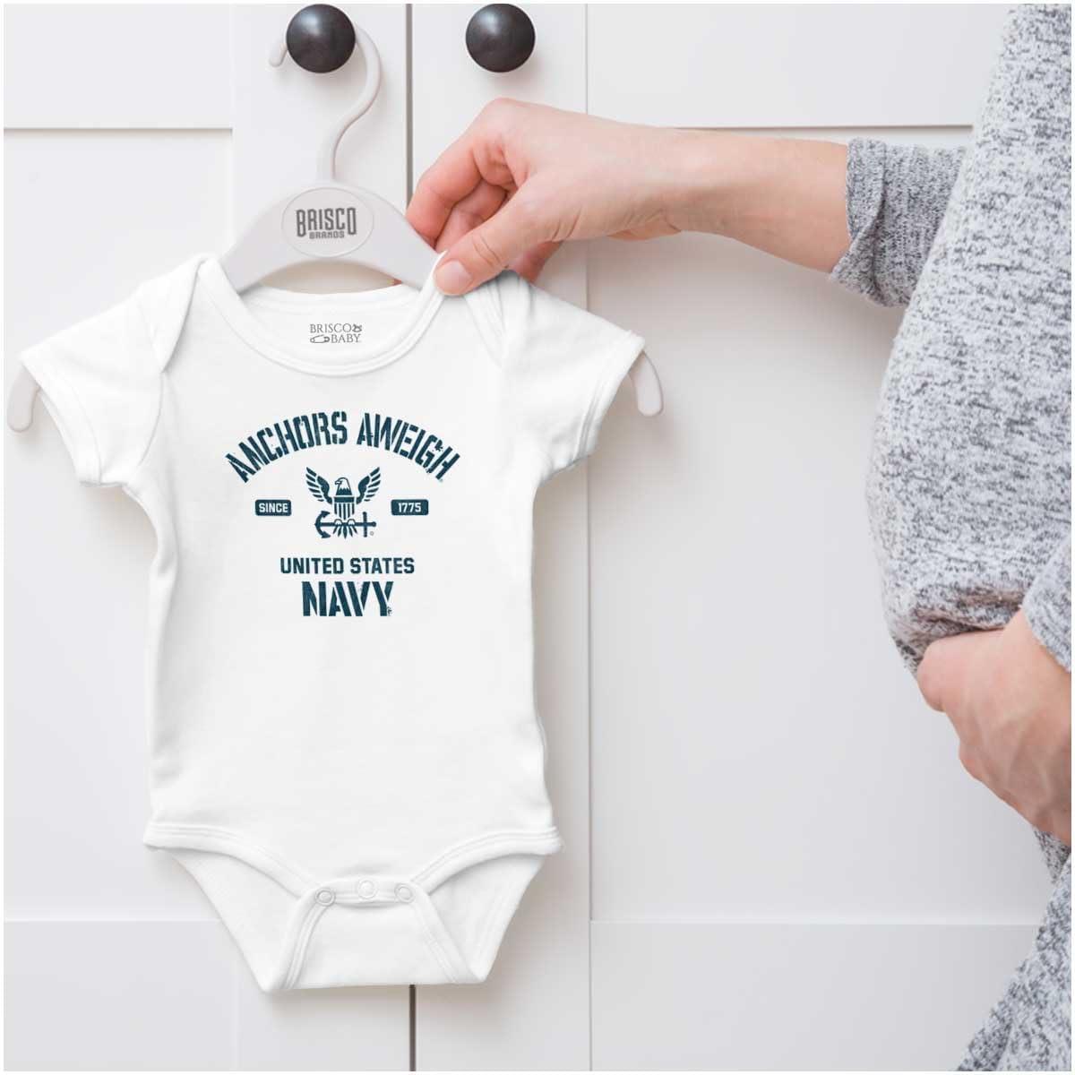 imageBrisco Brands United States Navy Logo Anchor Aweigh Baby Romper Boys or GirlsWhite