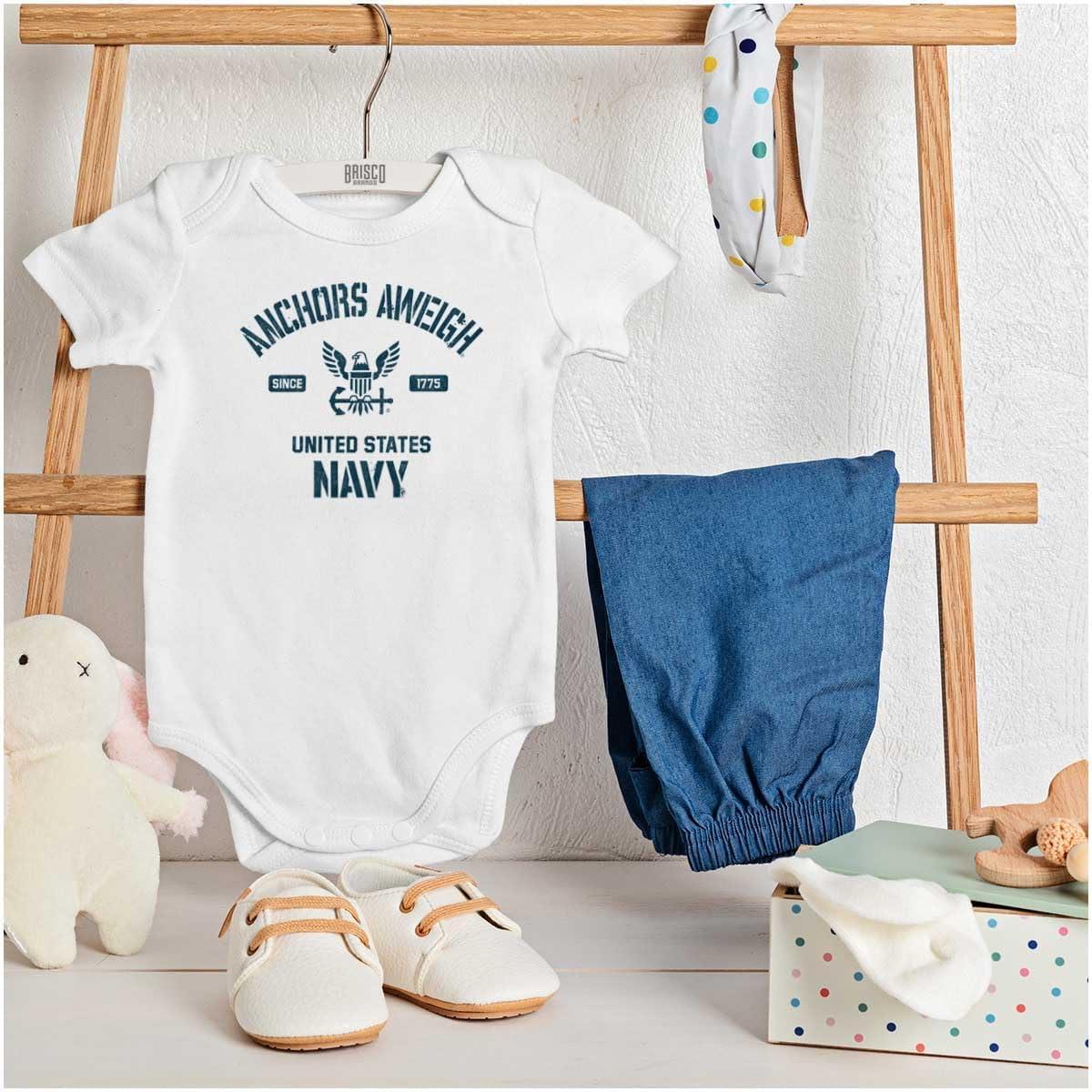 imageBrisco Brands United States Navy Logo Anchor Aweigh Baby Romper Boys or GirlsWhite