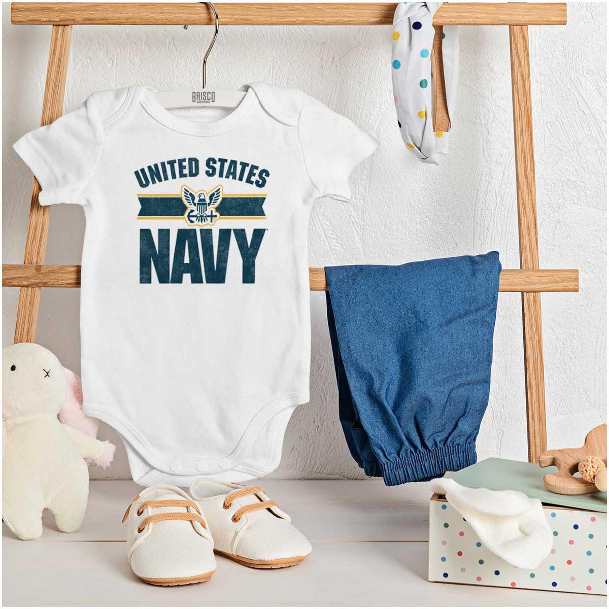 imageBrisco Brands United States Navy Military Logo Baby Romper Boys or GirlsWhite