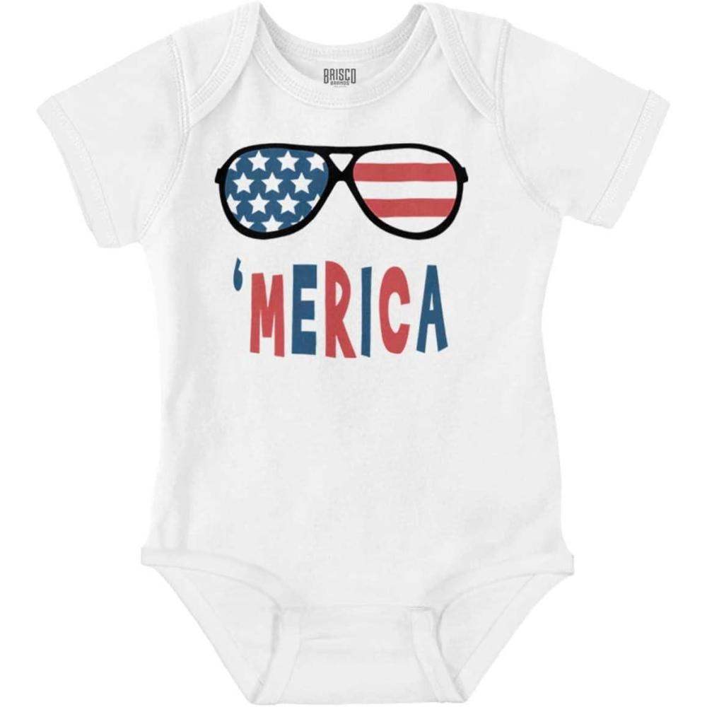 imageBrisco Brands Funny American Flag Glasses 4th July Baby Romper Boys or GirlsWhite