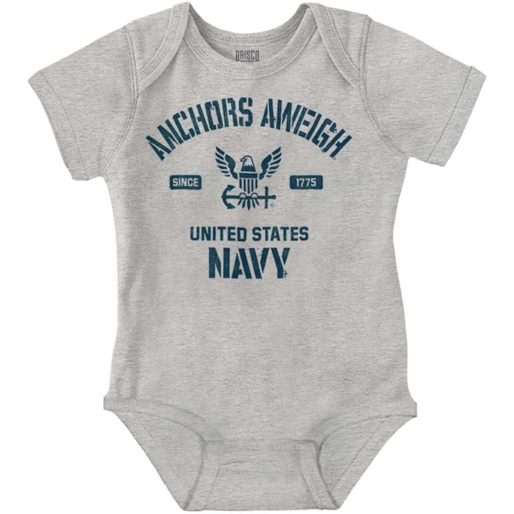 imageBrisco Brands United States Navy Logo Anchor Aweigh Baby Romper Boys or GirlsHeather