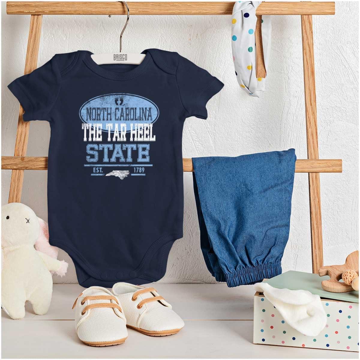 imageBrisco Brands North Carolina NC Feet Logo Souvenir Baby Romper Boys or GirlsNavy