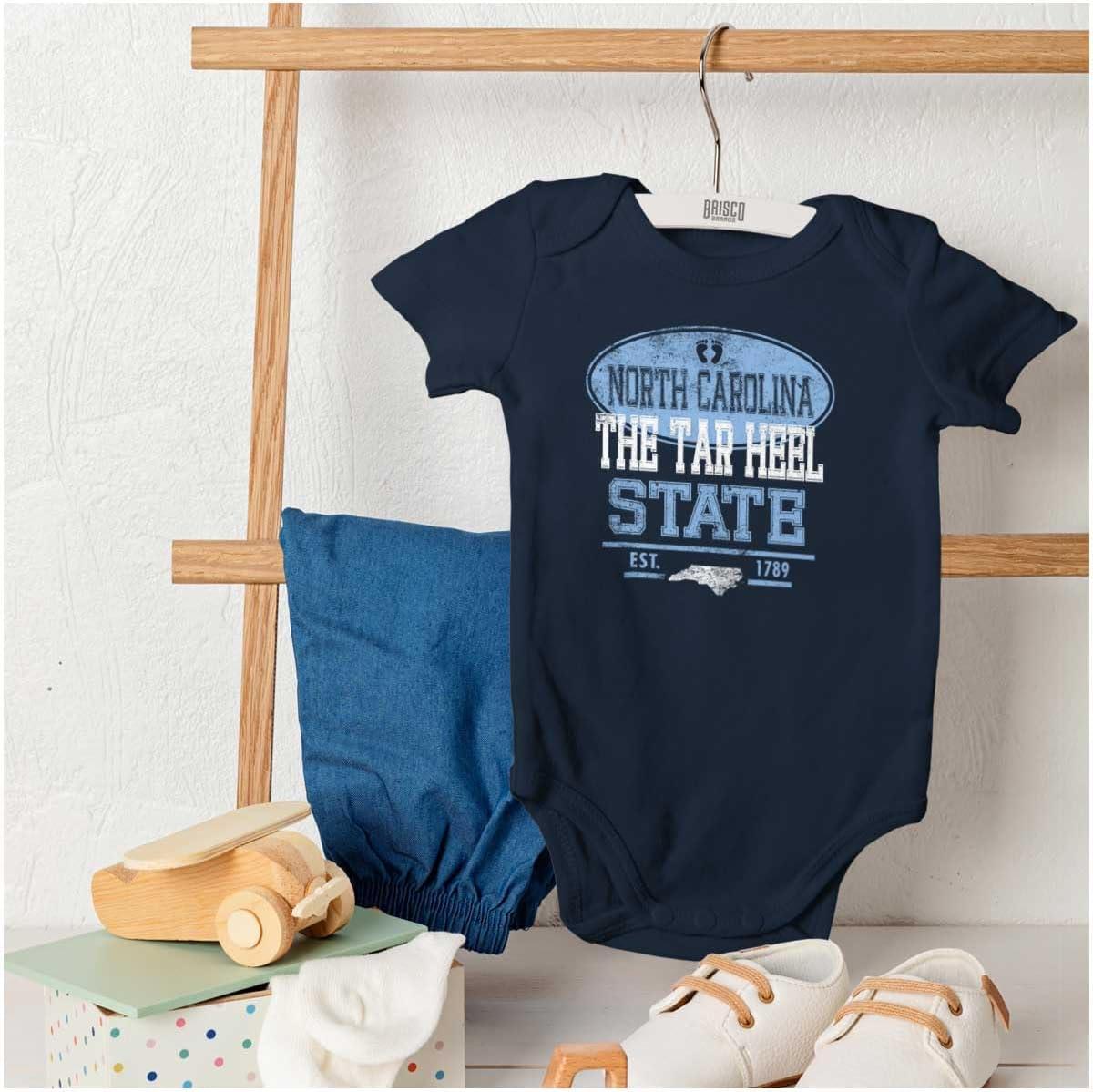 imageBrisco Brands North Carolina NC Feet Logo Souvenir Baby Romper Boys or GirlsNavy