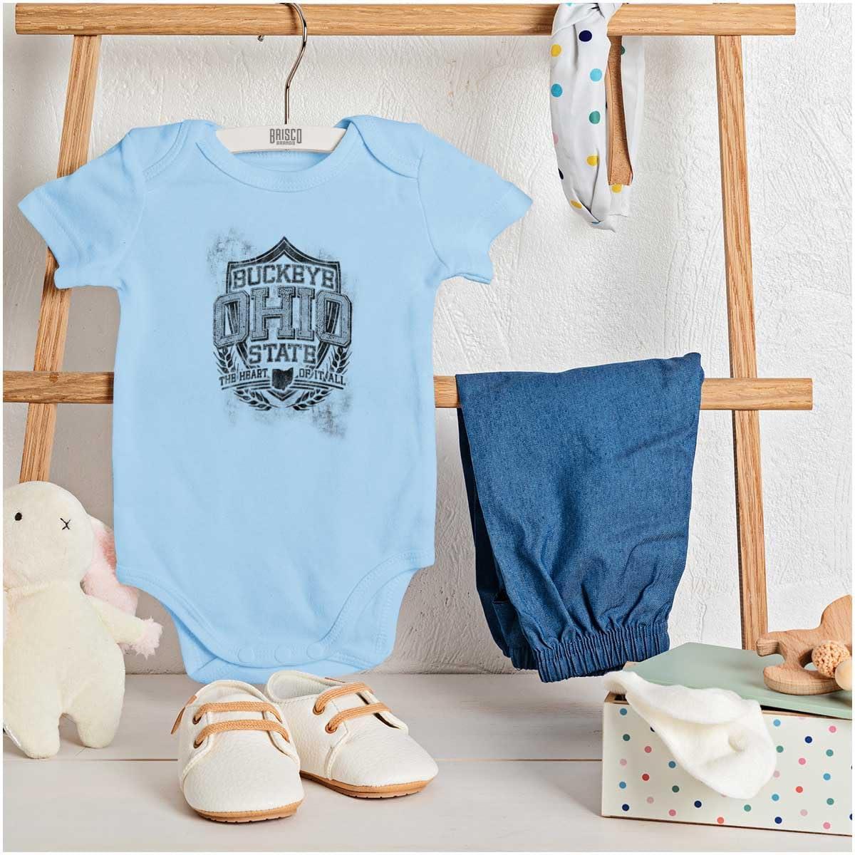 imageBrisco Brands Ohio OH Motto State Souvenir Baby Romper Boys or GirlsLight Blue
