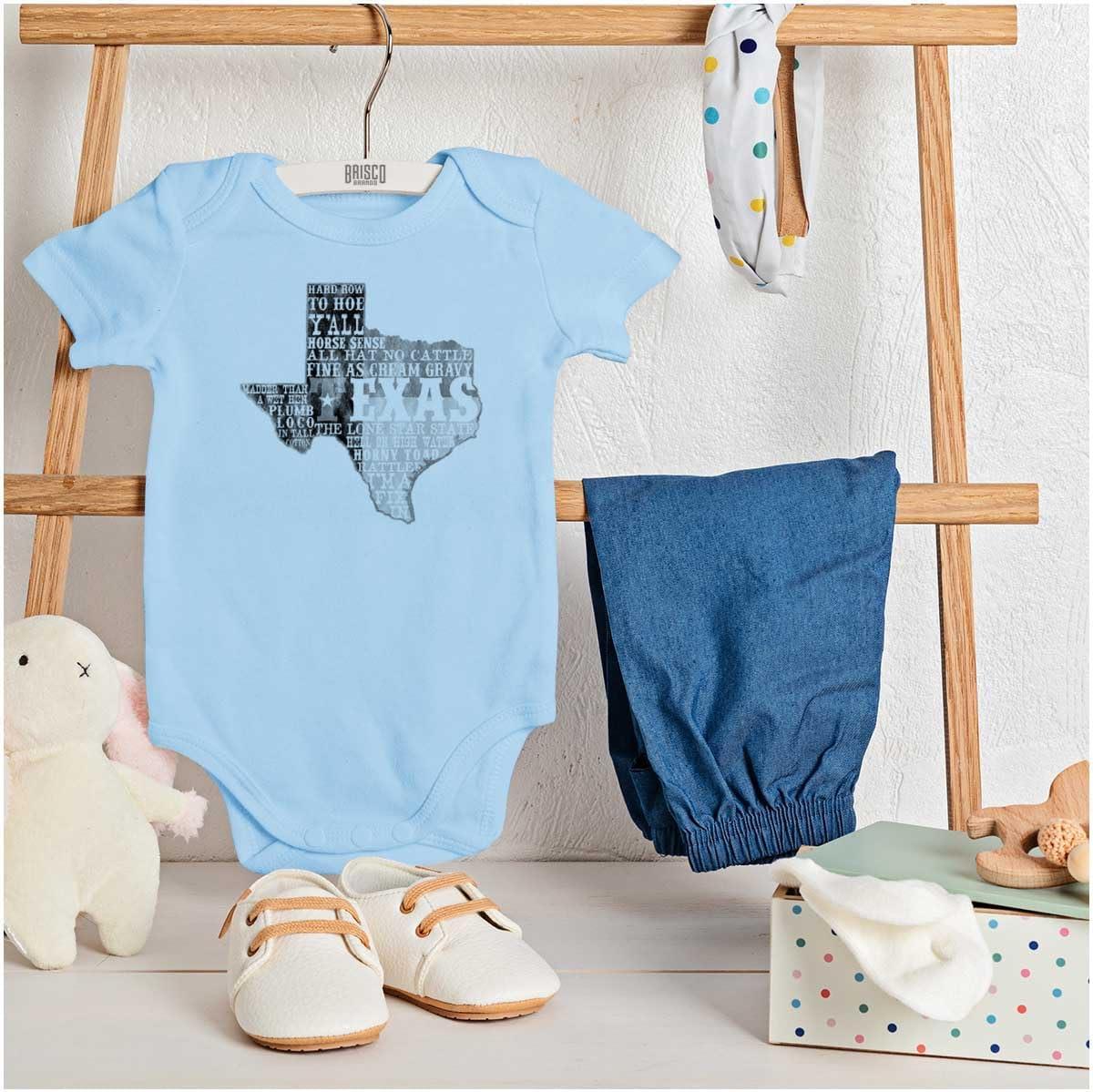 imageBrisco Brands Texas Slang Funny State Shape TX Baby Romper Boys or GirlsLight Blue