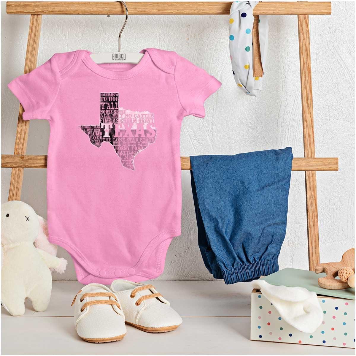 imageBrisco Brands Texas Slang Funny State Shape TX Baby Romper Boys or GirlsPink