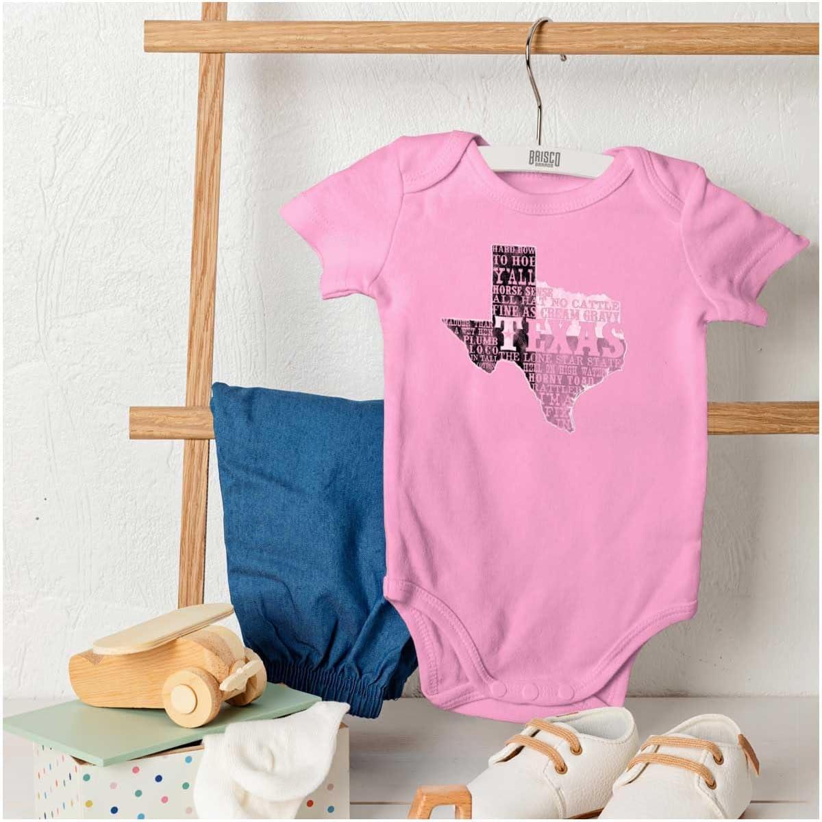 imageBrisco Brands Texas Slang Funny State Shape TX Baby Romper Boys or GirlsPink
