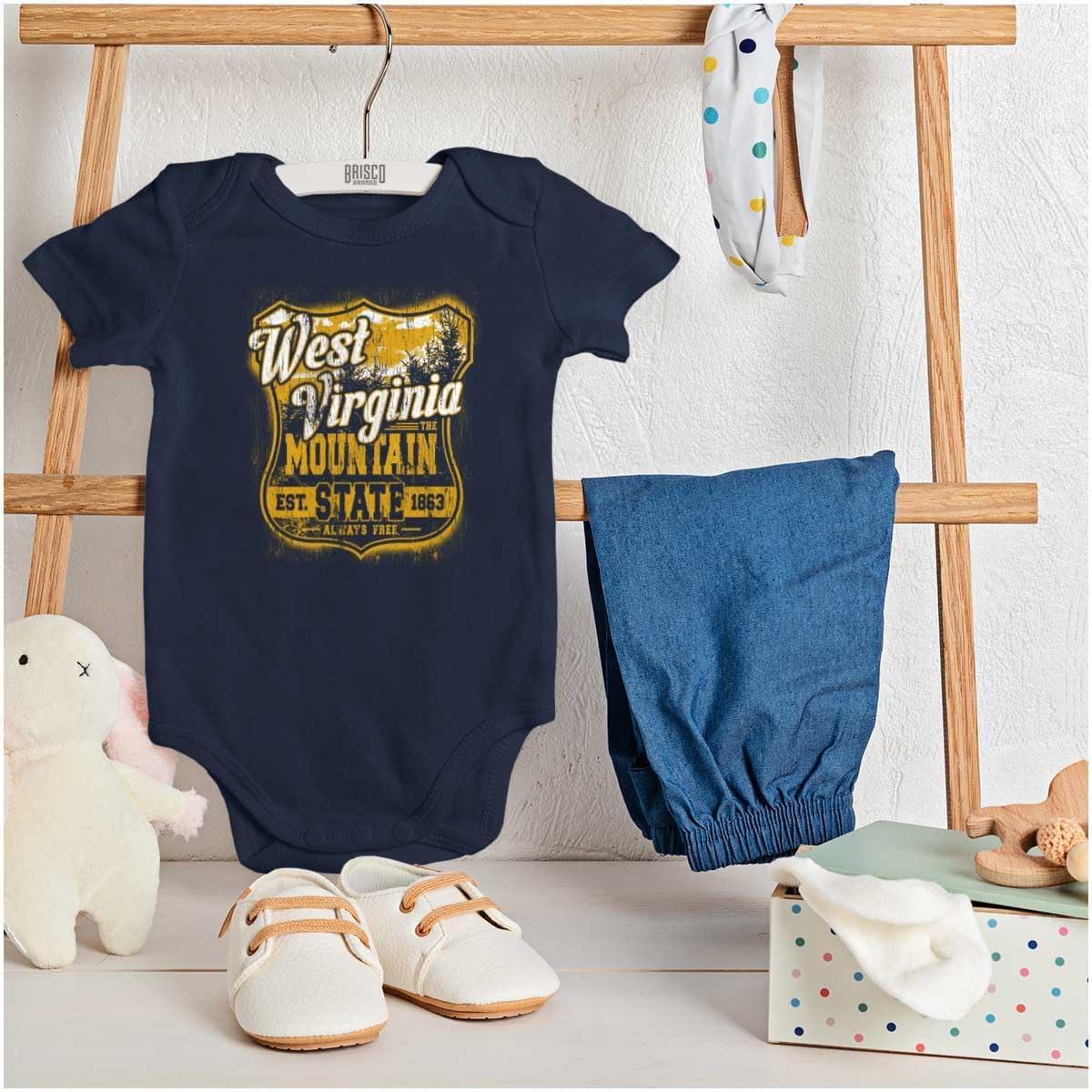 imageBrisco Brands West Virginia Retro Mountain State WV Baby Romper Boys or GirlsNavy
