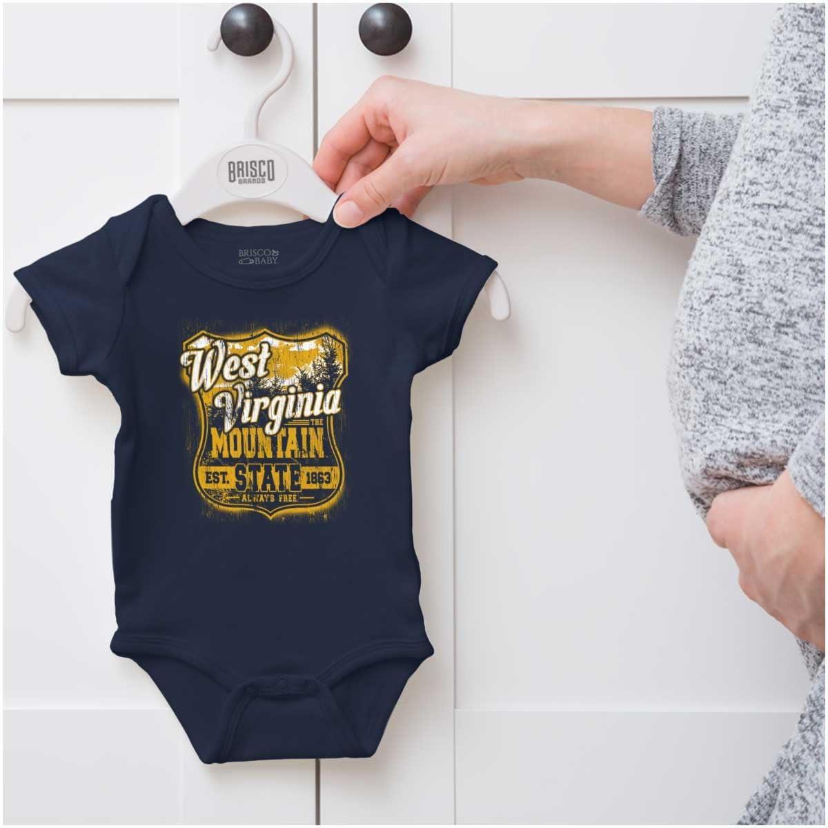 imageBrisco Brands West Virginia Retro Mountain State WV Baby Romper Boys or GirlsNavy