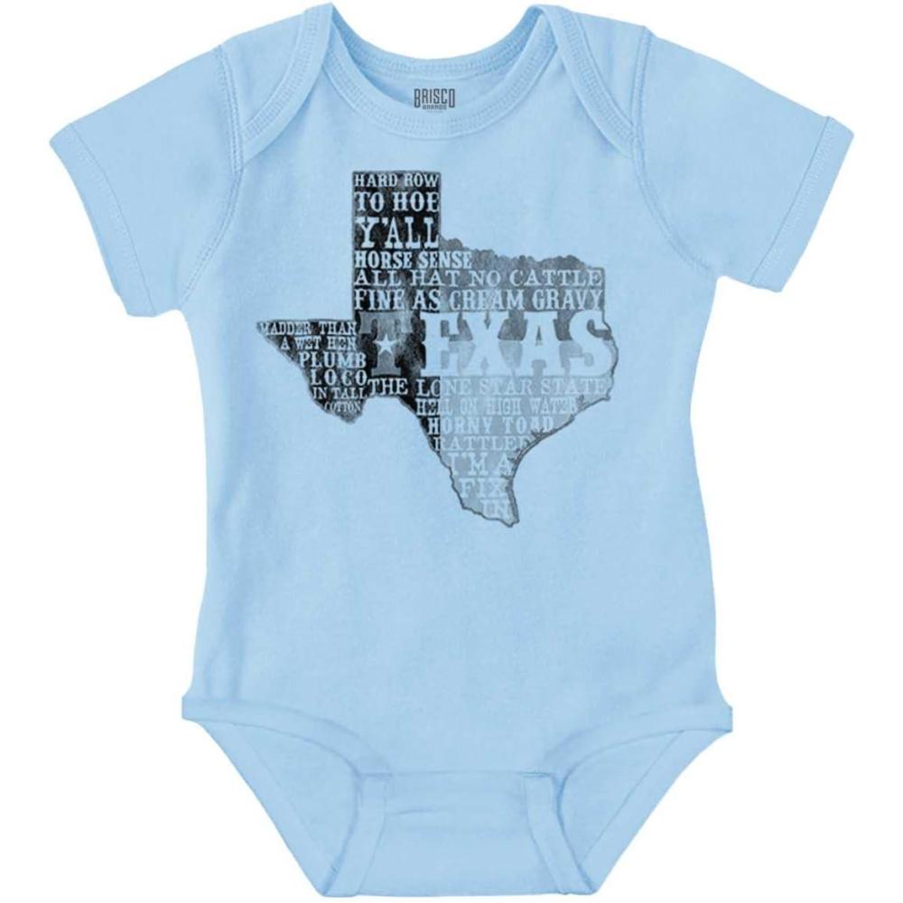 imageBrisco Brands Texas Slang Funny State Shape TX Baby Romper Boys or GirlsLight Blue