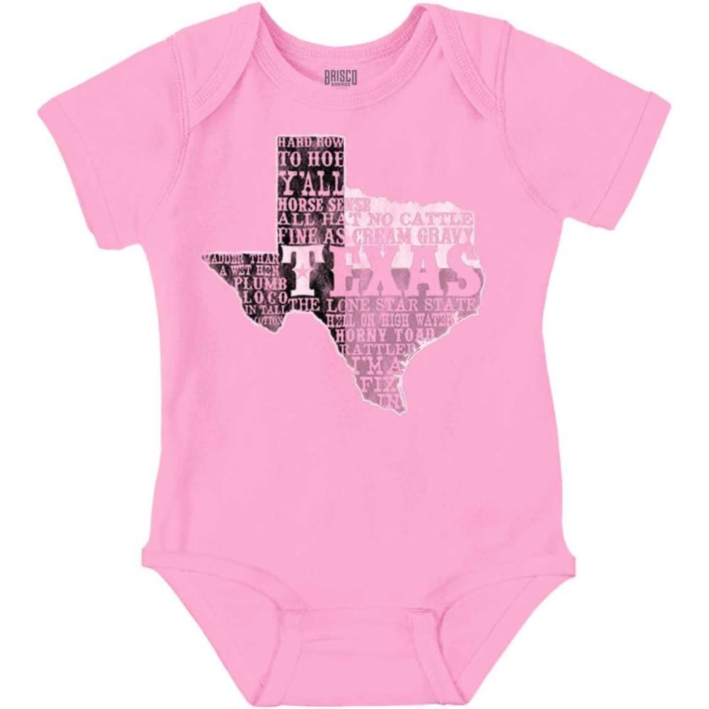 imageBrisco Brands Texas Slang Funny State Shape TX Baby Romper Boys or GirlsPink
