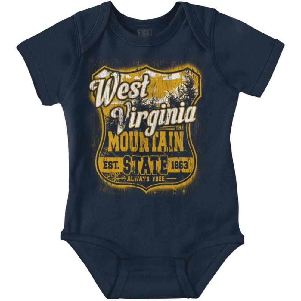 imageBrisco Brands West Virginia Retro Mountain State WV Baby Romper Boys or GirlsNavy