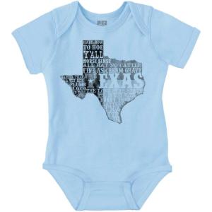 Brisco Brands Texas Slang Funny State Shape TX Baby Romper Boys or Girls(Light Blue)