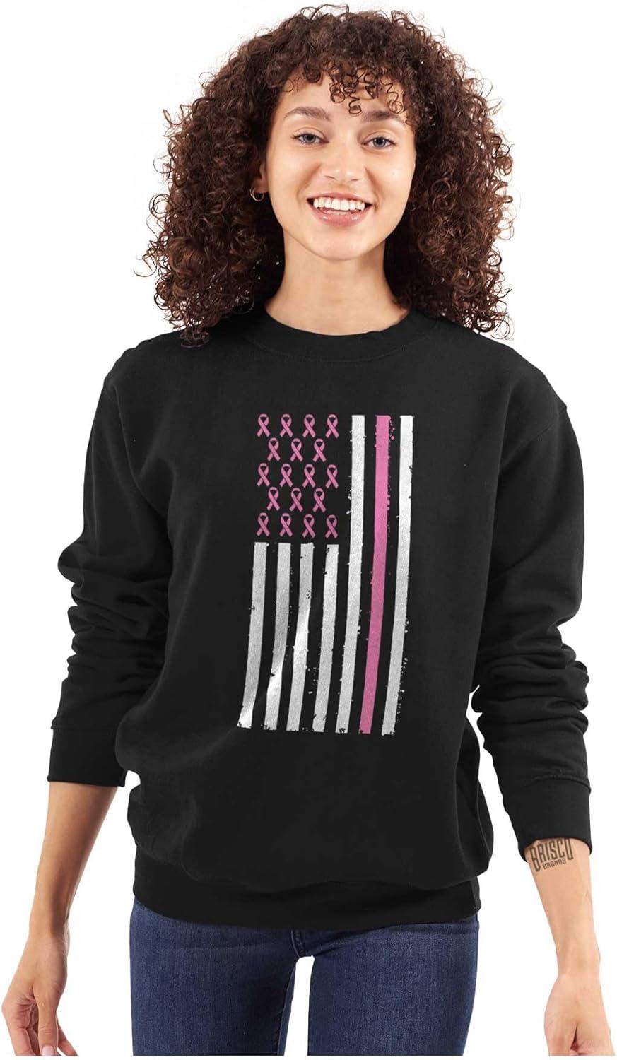 imageBreast Cancer Pink Ribbon USA Flag Women Crewneck SweatshirtBlack