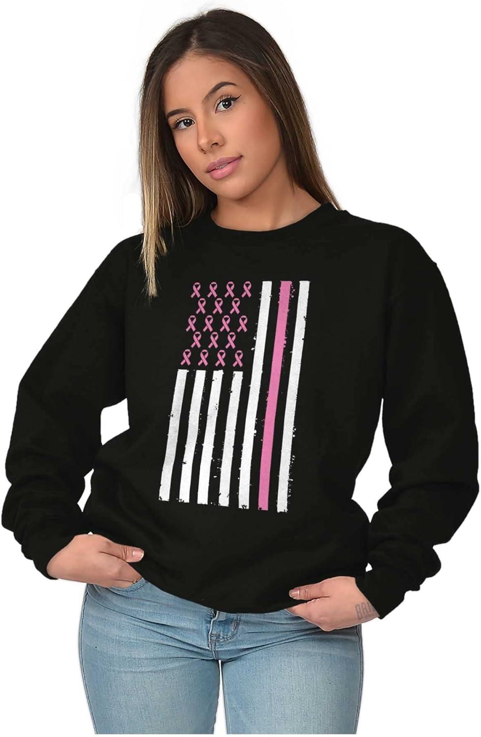 imageBreast Cancer Pink Ribbon USA Flag Women Crewneck SweatshirtBlack
