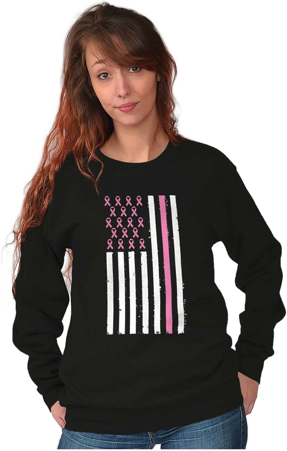 imageBreast Cancer Pink Ribbon USA Flag Women Crewneck SweatshirtBlack