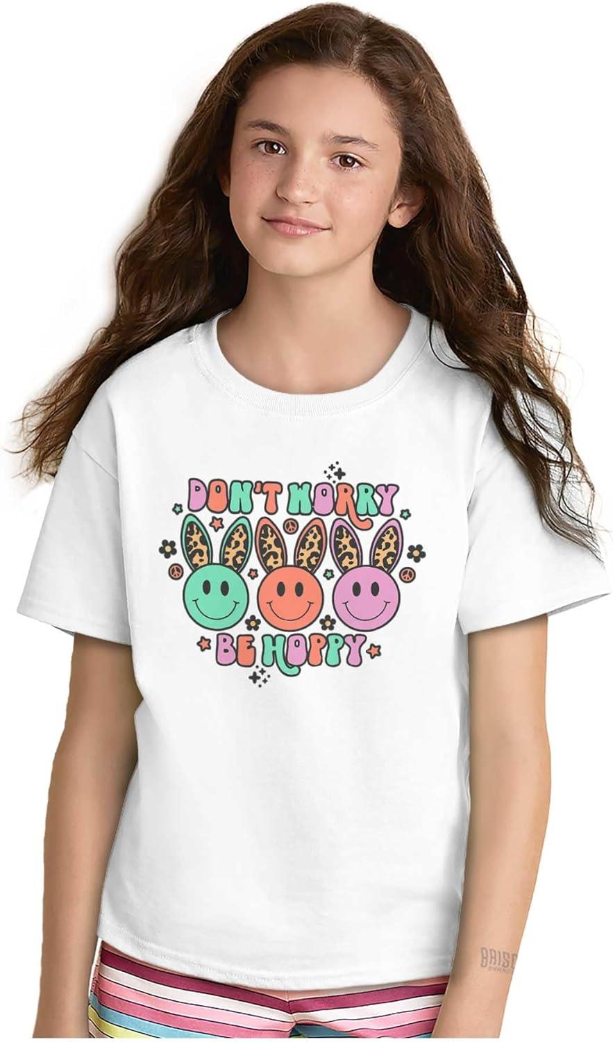 imageBrisco Brands Dont Worry Be Hoppy Easter Bunny Girls Kids T Shirt TeesWhite