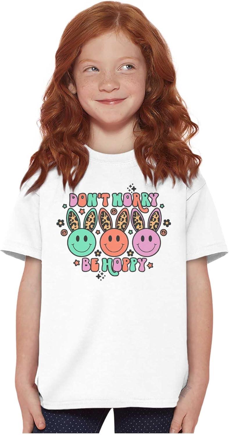 imageBrisco Brands Dont Worry Be Hoppy Easter Bunny Girls Kids T Shirt TeesWhite