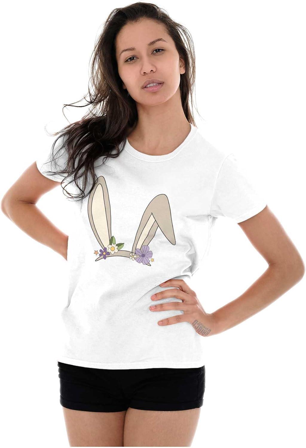 imageBrisco Brands Easter Bunny Ears Flower Crown Womens Slim Fit Graphic TeeWhite