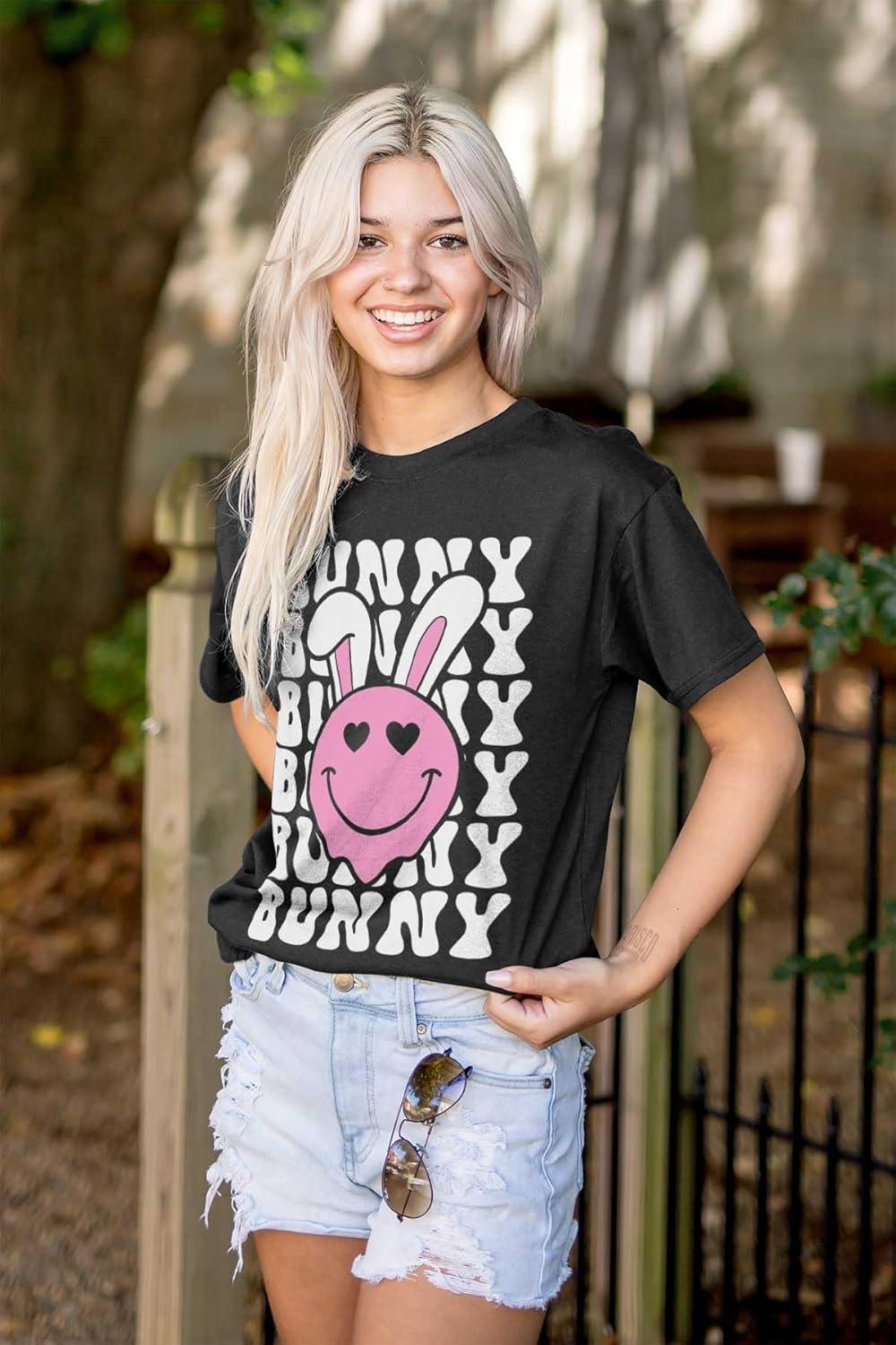 imageBrisco Brands Easter Bunny Ears Heart Eyes Smile Womens Graphic T Shirt TeesBlack