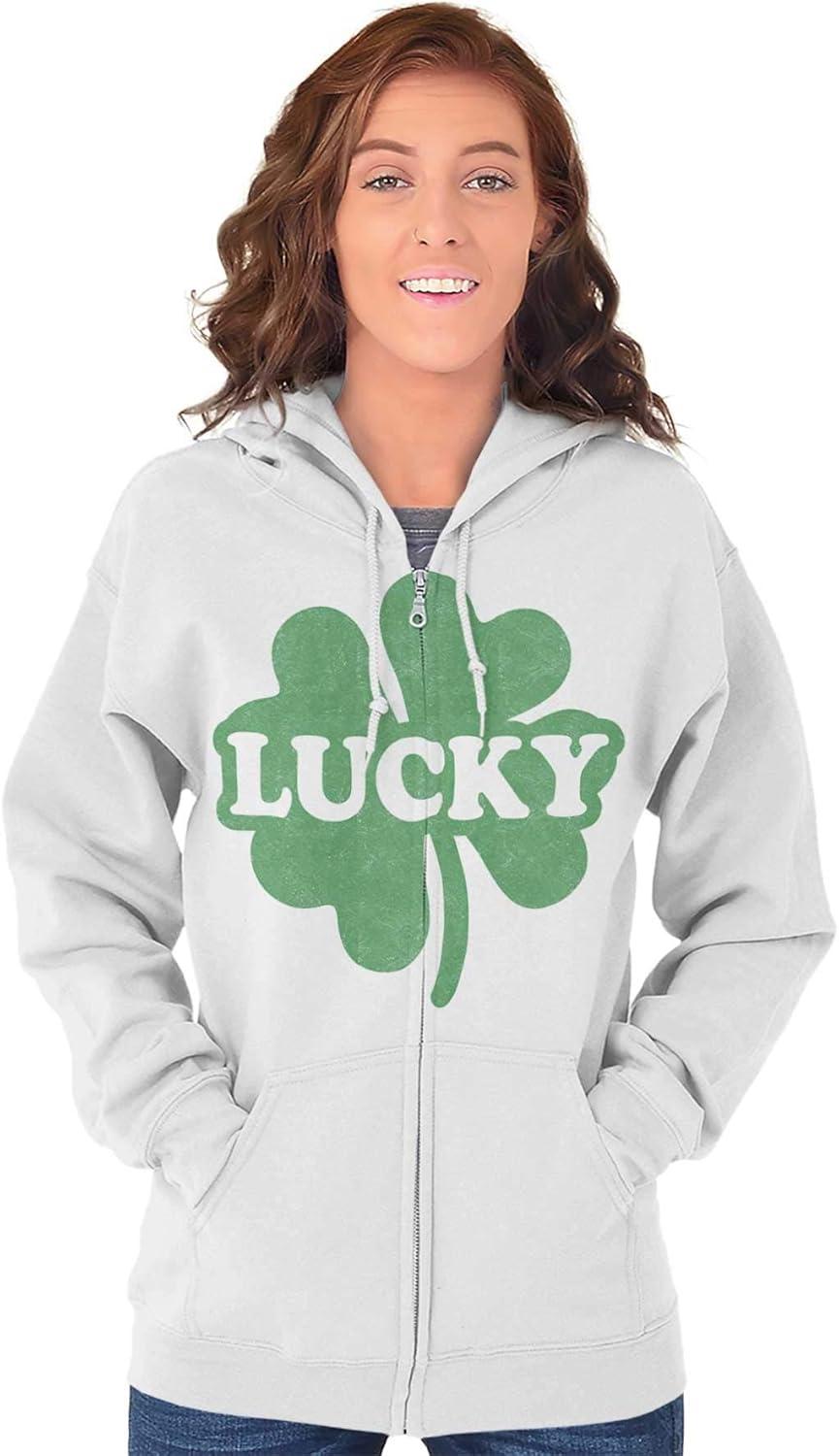 imageBrisco Brands Lucky 4 Leaf Clover St Patricks Day Zip Up Hoodie Mens WomensWhite