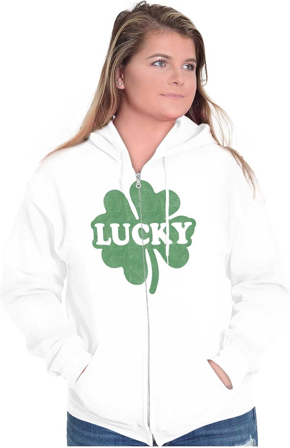 imageBrisco Brands Lucky 4 Leaf Clover St Patricks Day Zip Up Hoodie Mens WomensWhite