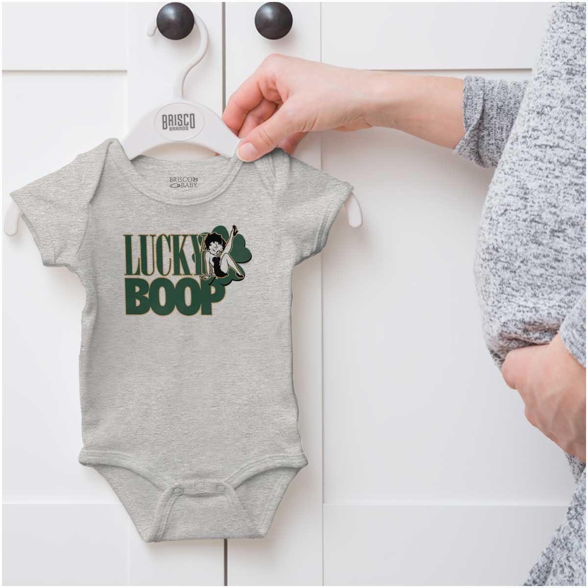 imageBrisco Brands Saint Paddys Lucky Betty Boop Cartoon Baby Romper Boys or GirlsHeather