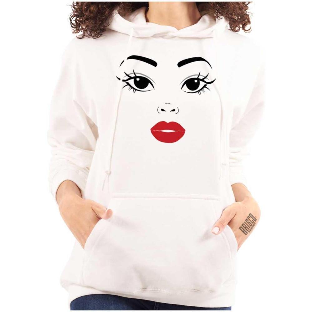imageBrisco Brands Beautiful Lady Face Red Lips Makeup Hoodie Sweatshirt WomenWhite