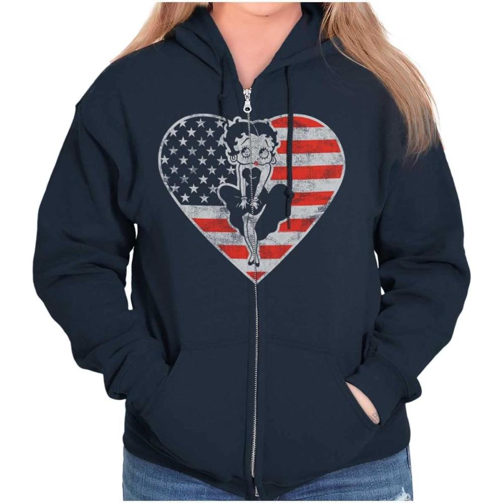 imageBrisco Brands Betty Boop Heart Patriotic Vintage Zip Hoodie Sweatshirt WomenNavy