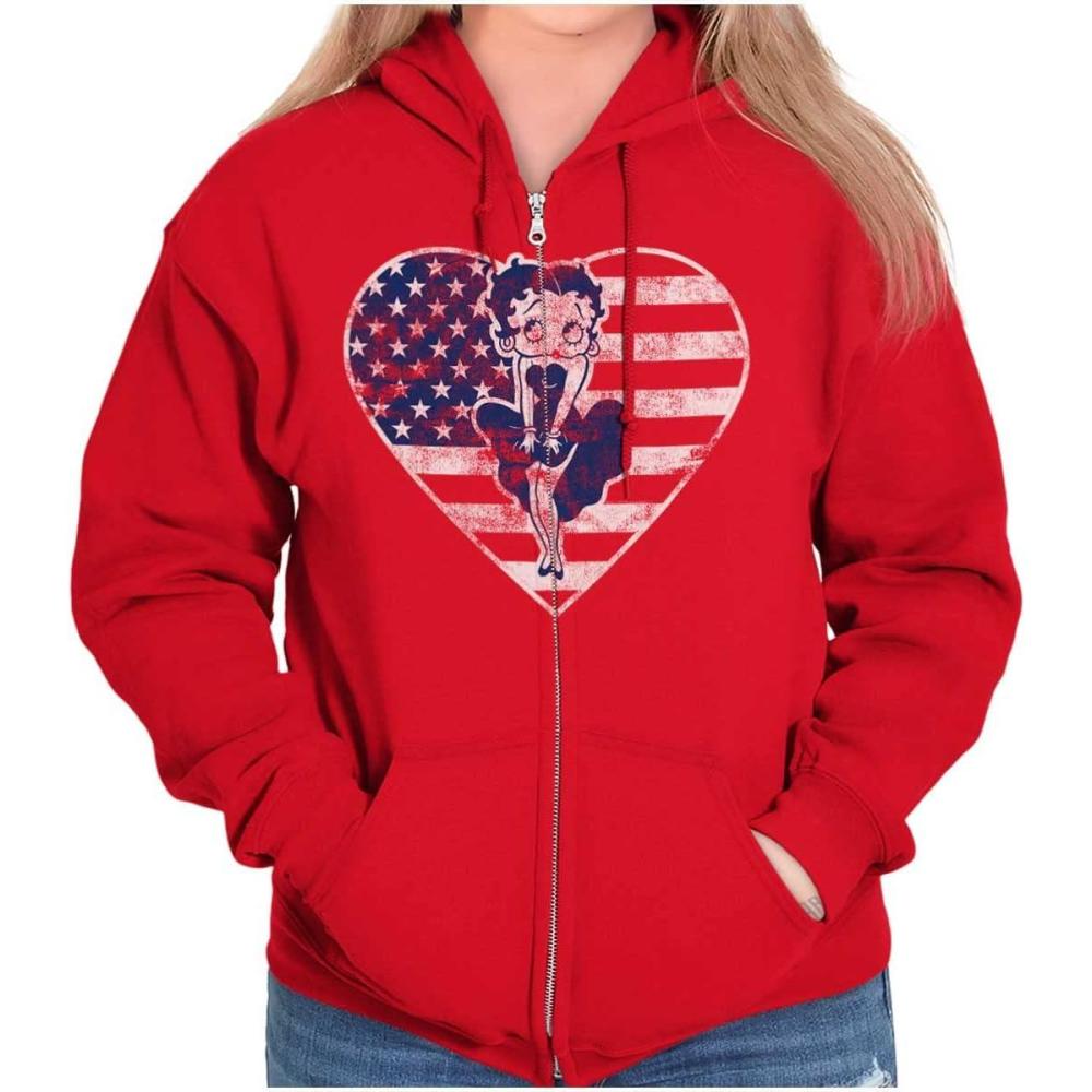 imageBrisco Brands Betty Boop Heart Patriotic Vintage Zip Hoodie Sweatshirt WomenRed
