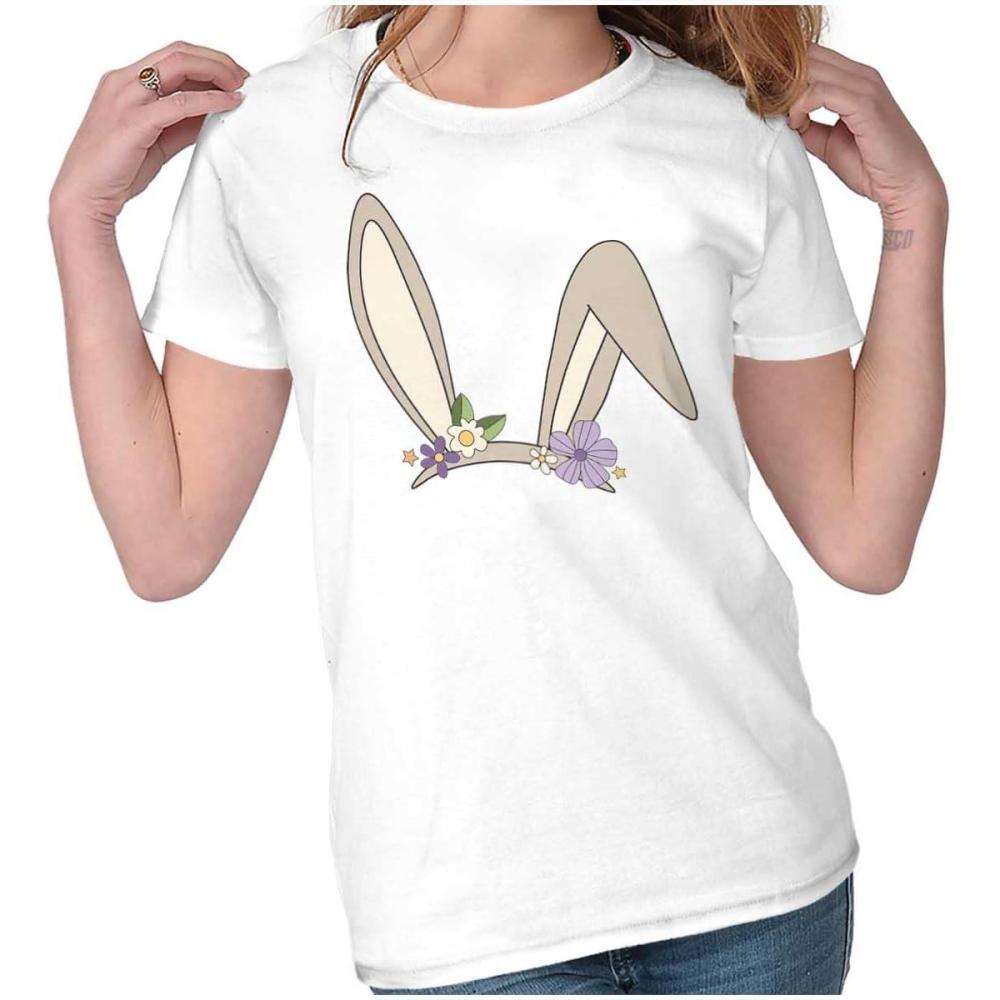 imageBrisco Brands Easter Bunny Ears Flower Crown Womens Slim Fit Graphic TeeWhite
