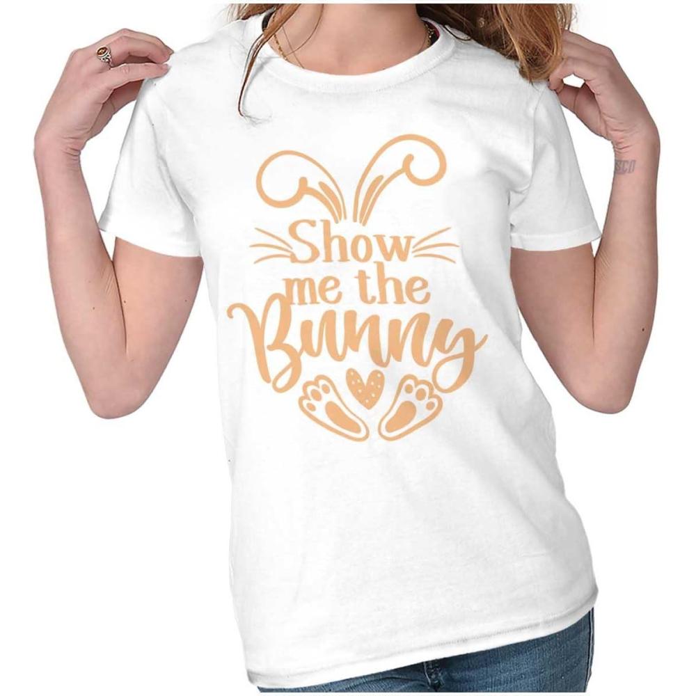 imageBrisco Brands Easter Humor Show Me The Bunny Womens Slim Fit Graphic TeeWhite