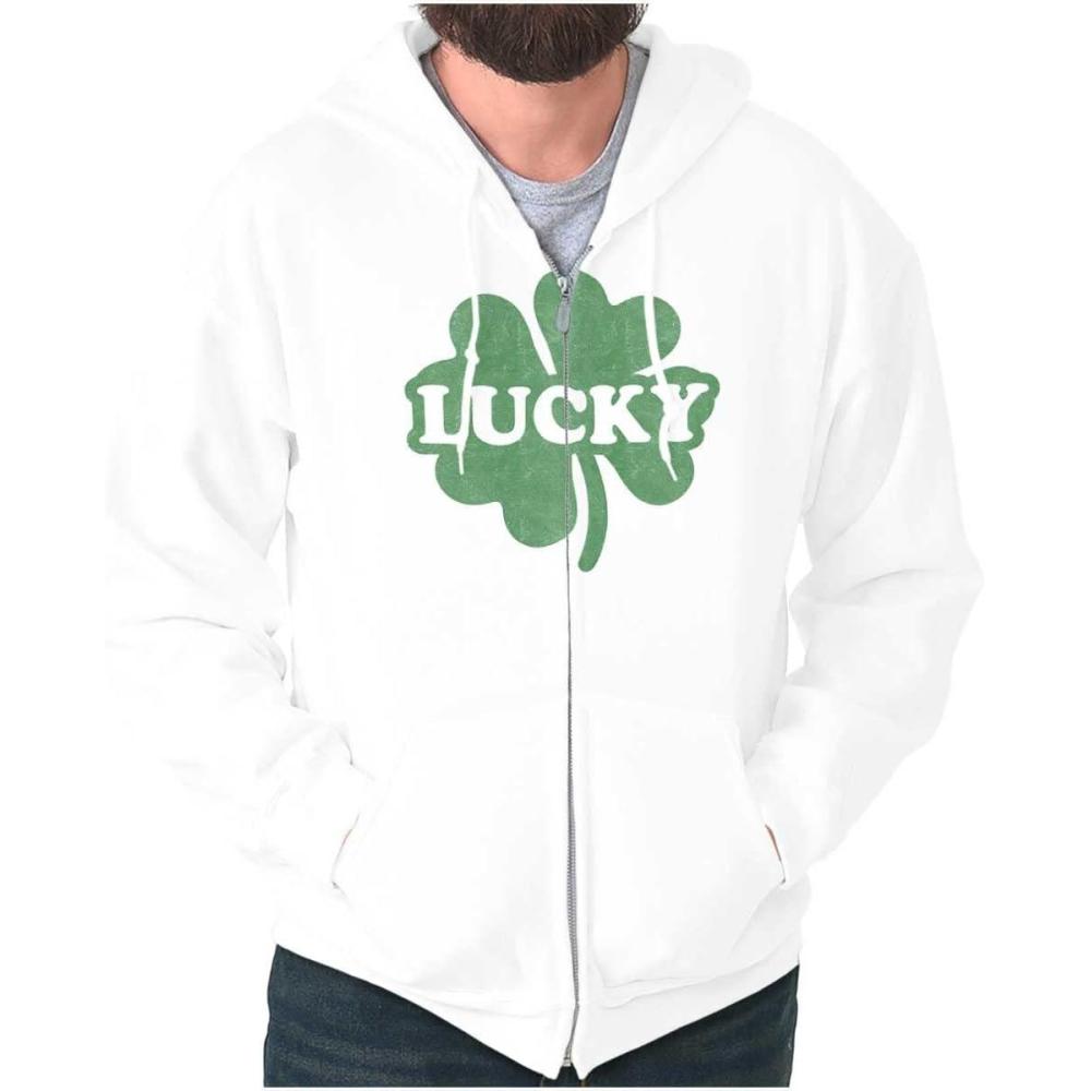 imageBrisco Brands Lucky 4 Leaf Clover St Patricks Day Zip Up Hoodie Mens WomensWhite