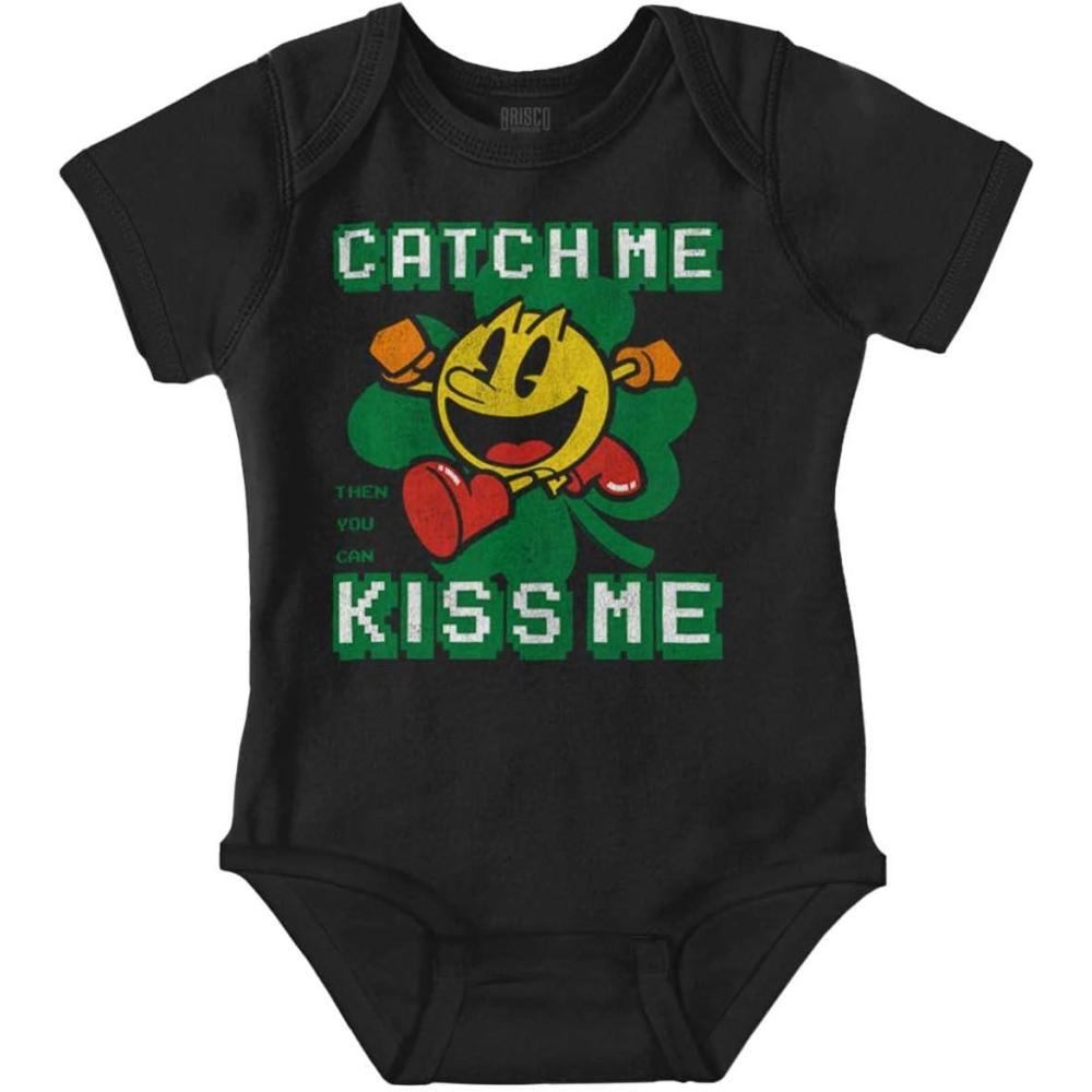 imageBrisco Brands PACMAN St Paddys Catch Me Kiss Me Baby Romper Boys or GirlsBlack