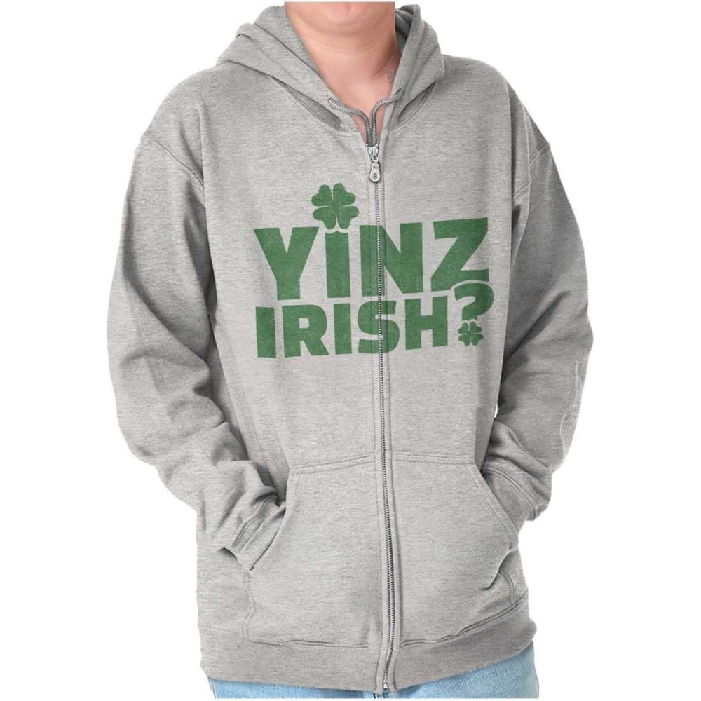 imageBrisco Brands Yinz Irish Funny St Patricks Day Zip Up Hoodie Mens WomensSport Grey