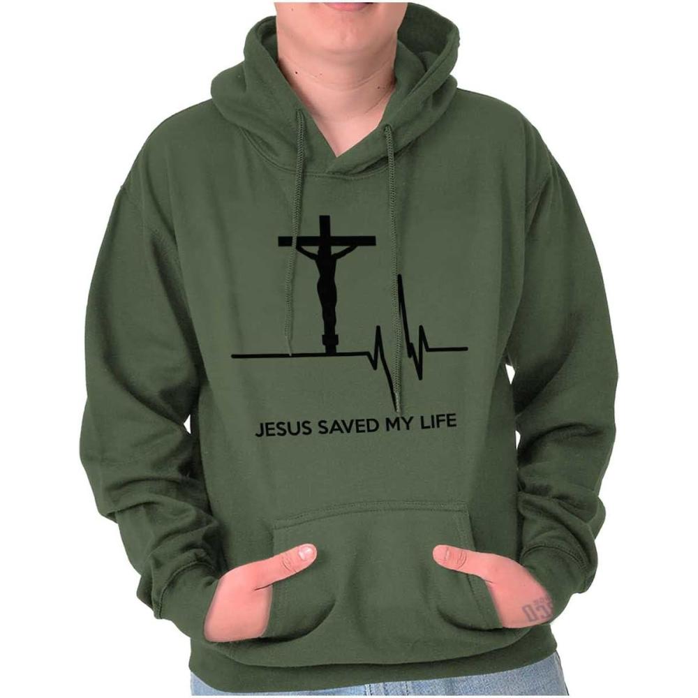 imageChristian Strong Jesus Saved My Life Crucifix Hoodie Sweatshirt Women MenMilitary Green
