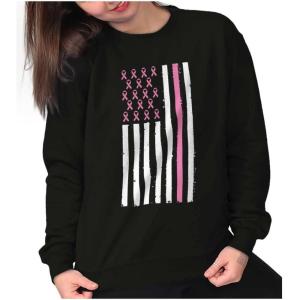 Breast Cancer Pink Ribbon USA Flag Women Crewneck Sweatshirt(Black)