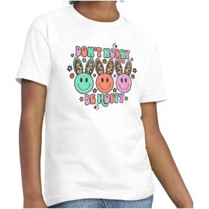 Brisco Brands Don’t Worry Be Hoppy Easter Bunny Girls Kids T Shirt Tees(White)