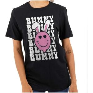 Brisco Brands Easter Bunny Ears Heart Eyes Smile Womens Graphic T Shirt Tees(Black)