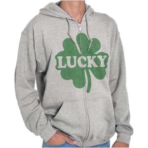 Brisco Brands Lucky 4 Leaf Clover St Patrick’s Day Zip Up Hoodie Mens Womens(Sport Grey)