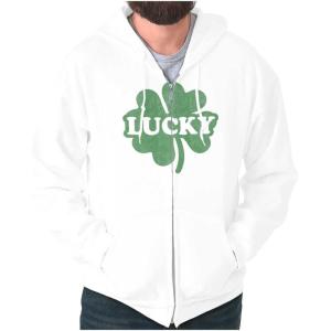 Brisco Brands Lucky 4 Leaf Clover St Patrick’s Day Zip Up Hoodie Mens Womens(White)