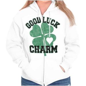 Brisco Brands Shamrock Good Luck Charm St. Pattys Zip Hoodie Sweatshirt Women(White)
