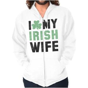 Brisco Brands St Patricks Day I Love My Irish Wife Zip Hoodie Sweatshirt Men(White)