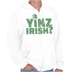 Brisco Brands Yinz Irish Funny St Patrick’s Day Zip Up Hoodie Mens Womens(White)