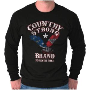 Country Strong USA Bald Eagle Cowboy Long Sleeve Tshirt Men Women(Black)