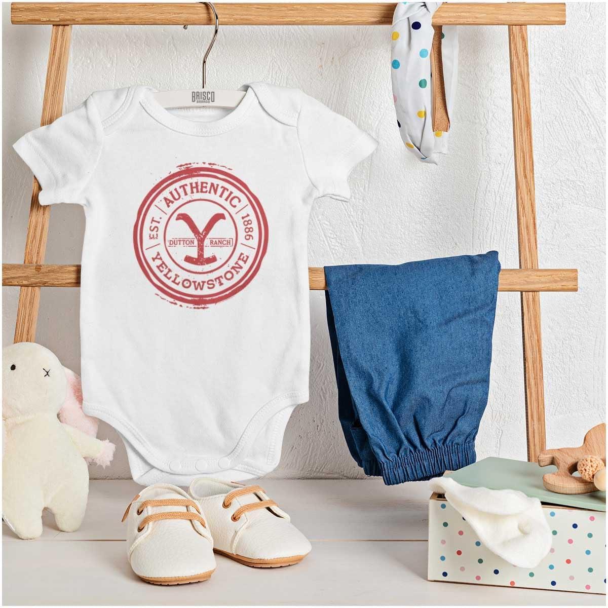 imageBrisco Brands Authentic Yellowstone Ranch Stamp Baby Romper Boys or GirlsWhite