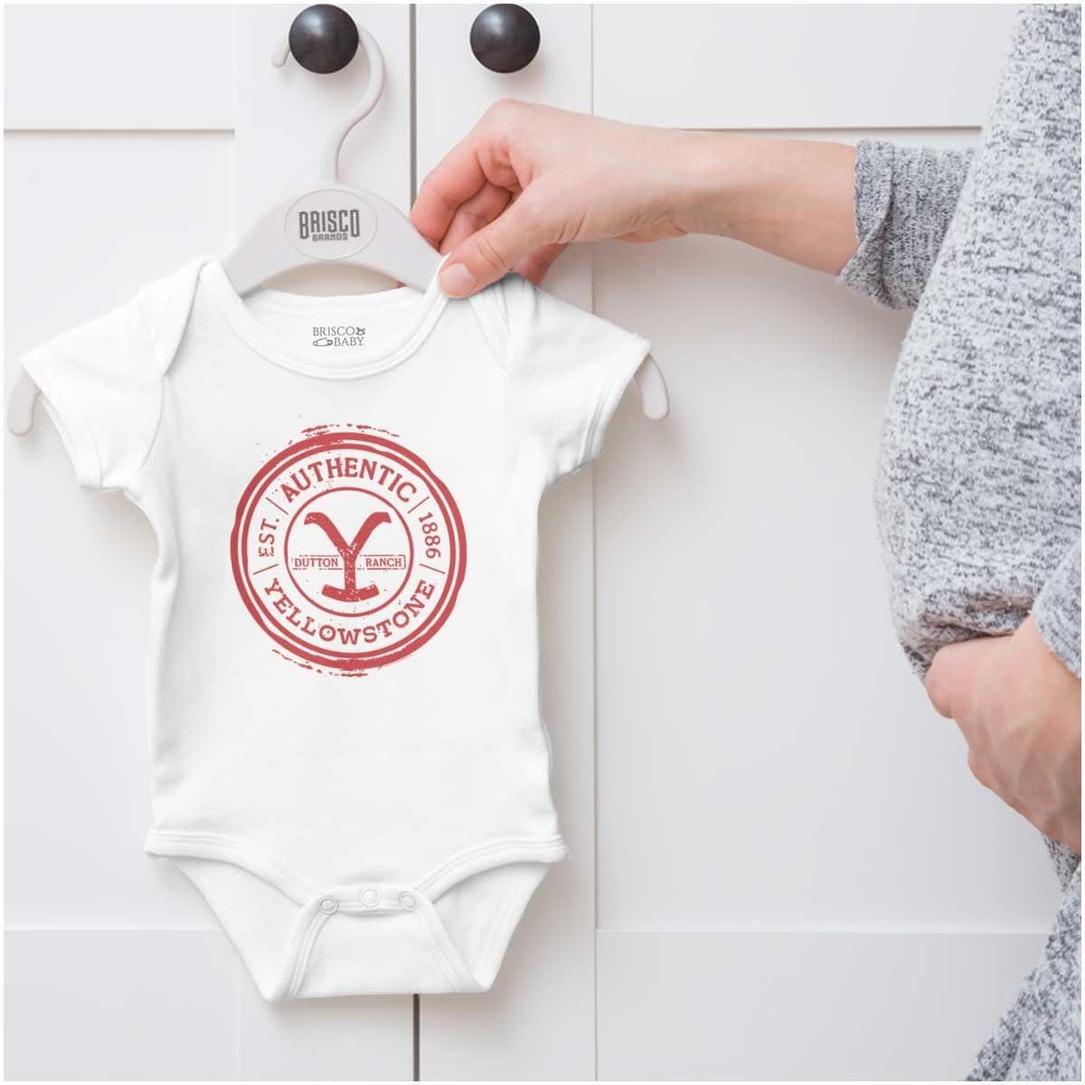 imageBrisco Brands Authentic Yellowstone Ranch Stamp Baby Romper Boys or GirlsWhite